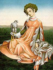 "Дама с соколом". Средневековая миниатюра.
