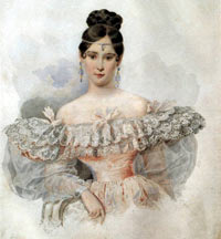 Светские барышни 1820-30-х годов (вроде жены Пушкина Натальи Гончаровой) красовались тонкой талией и оголенными плечами.